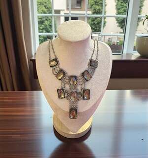 Silver Tone Smoky Brown Faceted Crystal Chandelier Bib Statement Necklace